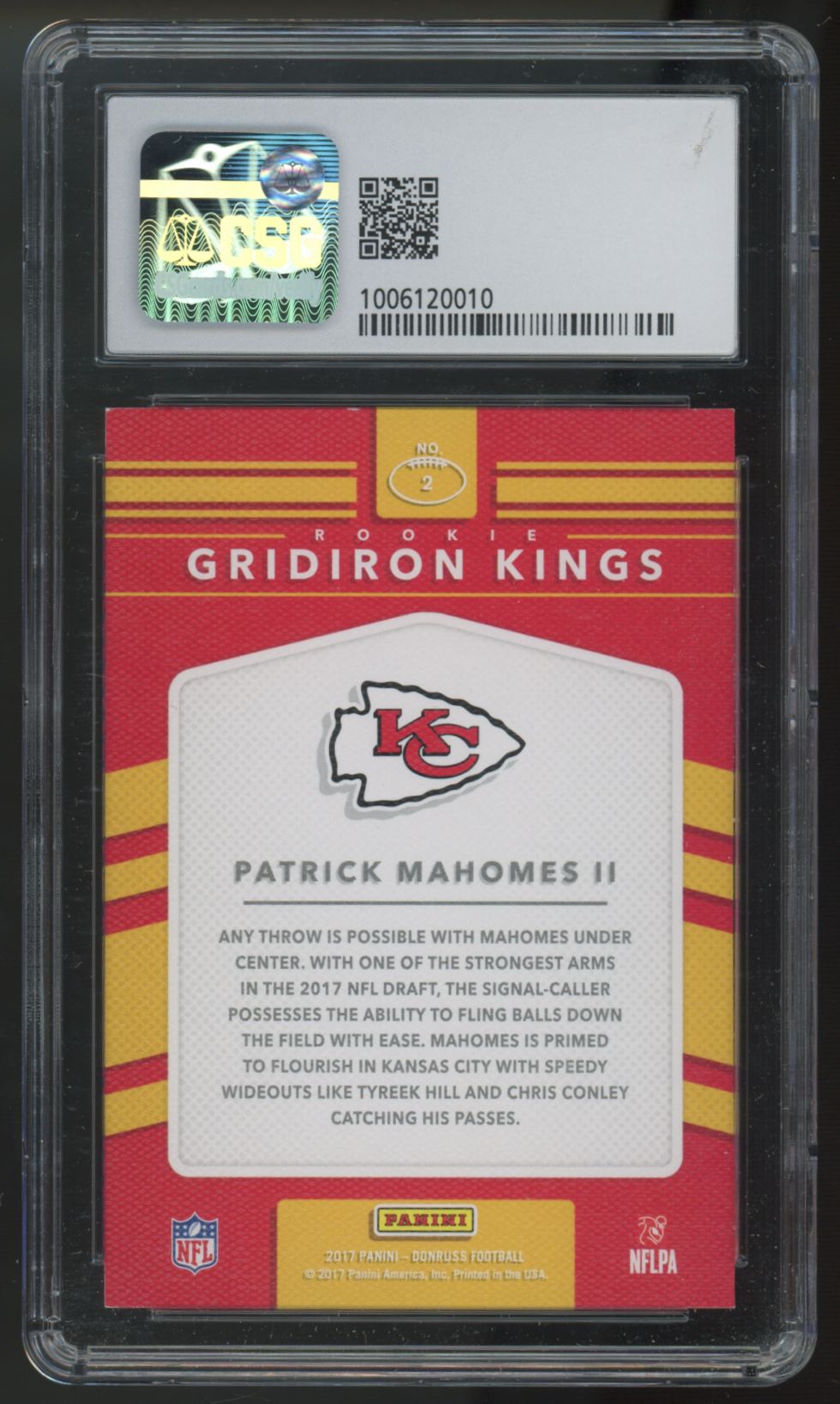 2017 Donruss Patrick Mahomes II RC Rookie Gridiron Kings #2 CSG 9