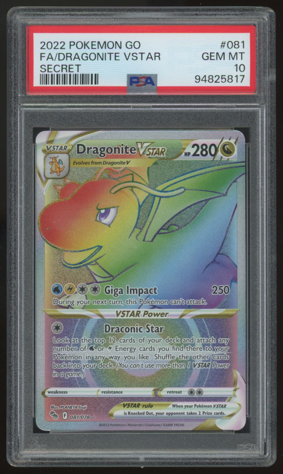 2022 Pokemon Dragonite VSTAR Go Secret Full Art #081 PSA 10