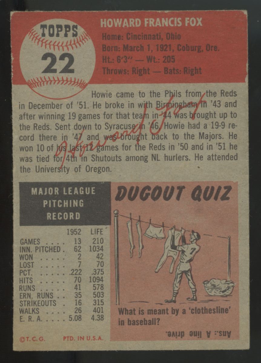 1953 Topps Howie Fox #22 EX