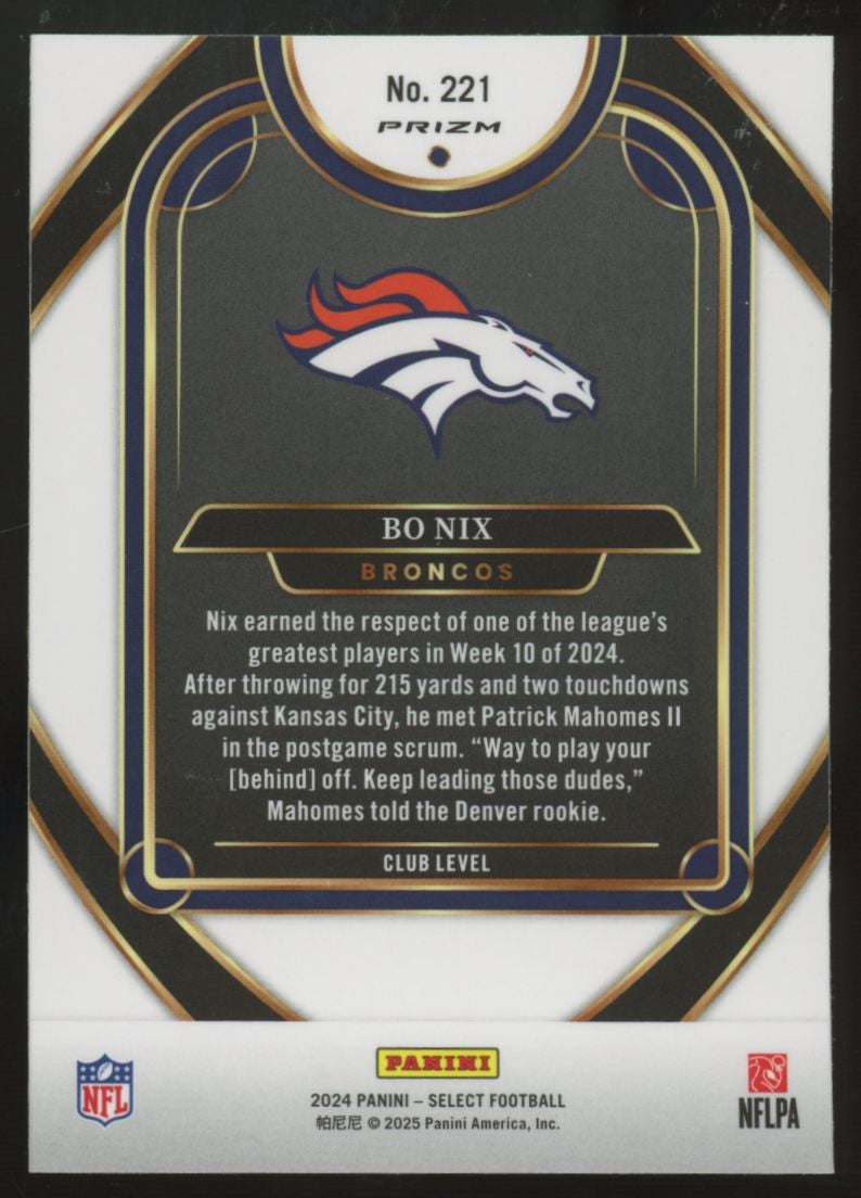 2024 Panini Select Bo Nix RC Club Level Zebra Shock SSP #221