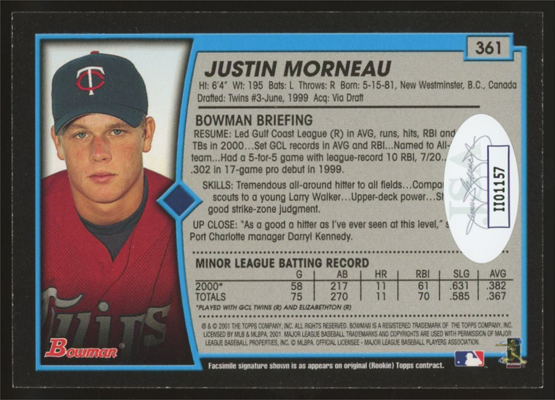 2001 Bowman Justin Morneau RC Signed Autographed #361 JSA