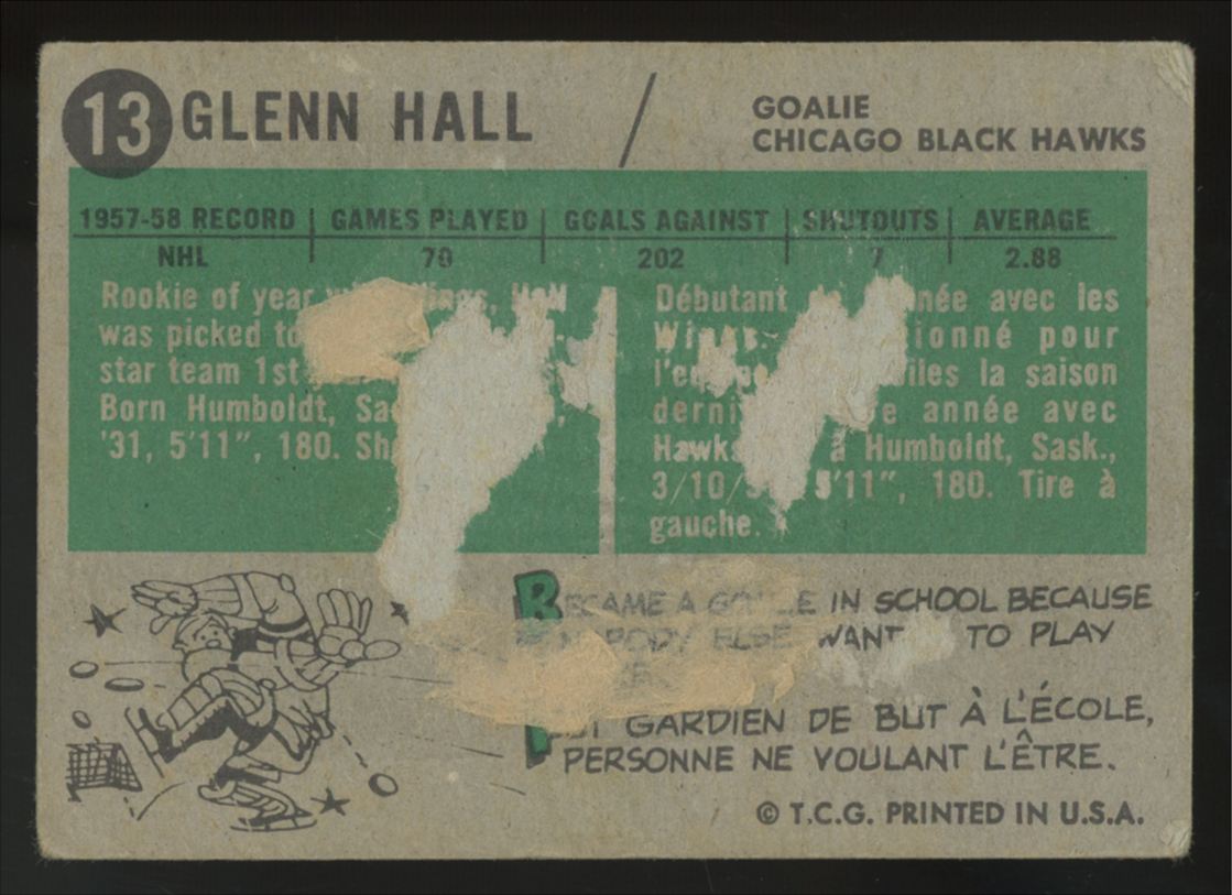 1958-59 Topps Glenn Hall #13 Poor (Paper Loss)