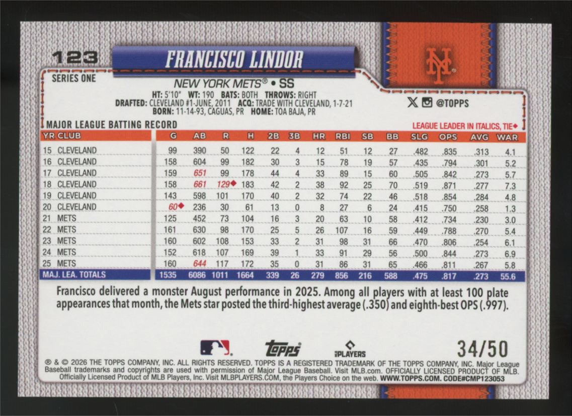 2026 Topps Series One Francisco Lindor Gold Sandglitter /50 #123