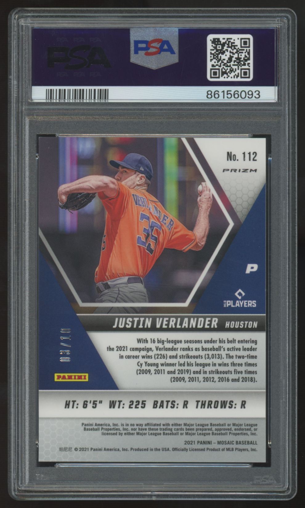 2021 Panini Mosaic Justin Verlander Gold /10 #112 PSA 10
