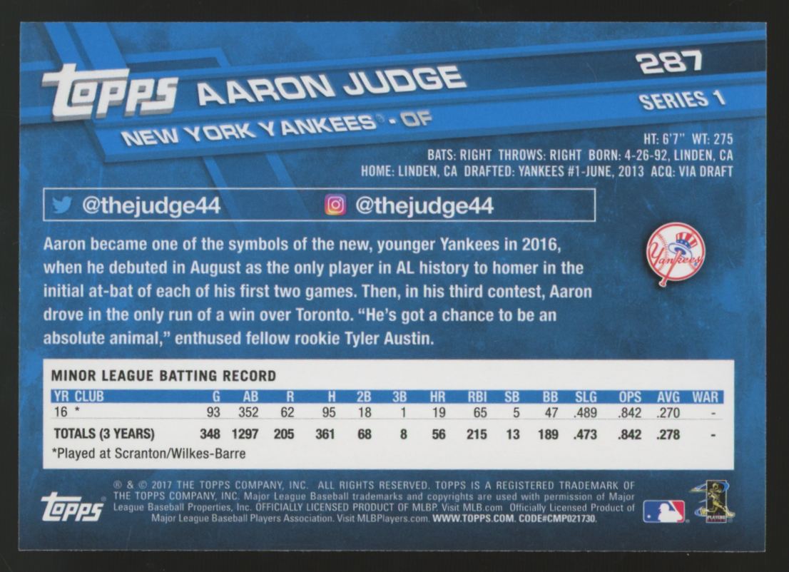 2017 Topps Series One Aaron Judge RC #287 "C"