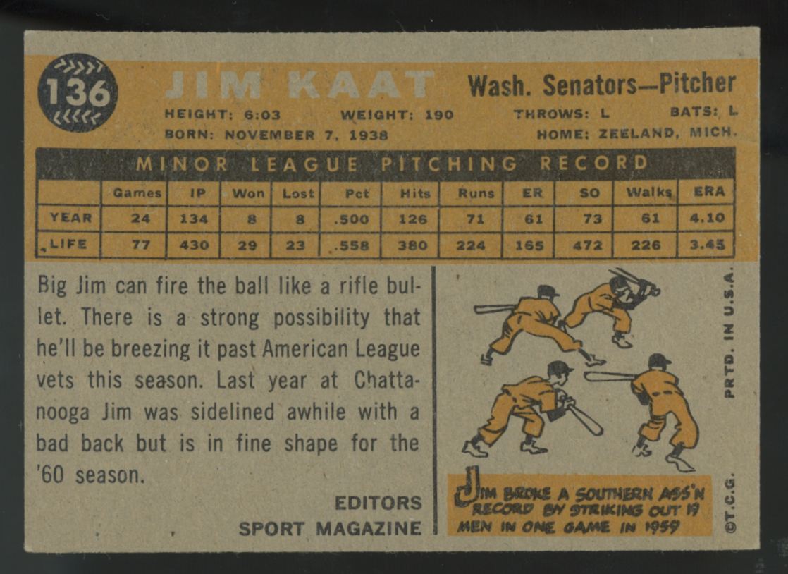 1960 Topps Jim Kaat RC #136 EX "A"