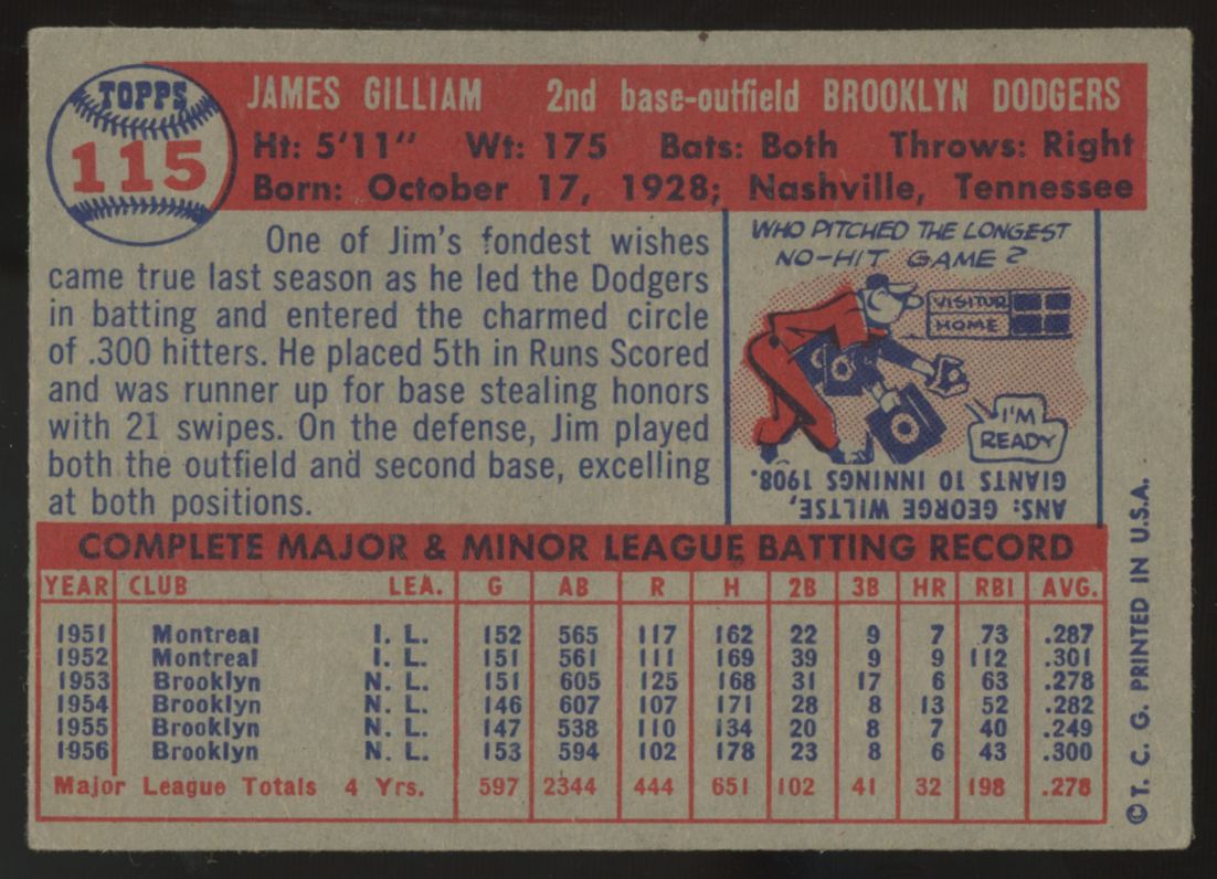 1957 Topps Jim Gilliam #115 VG/EX