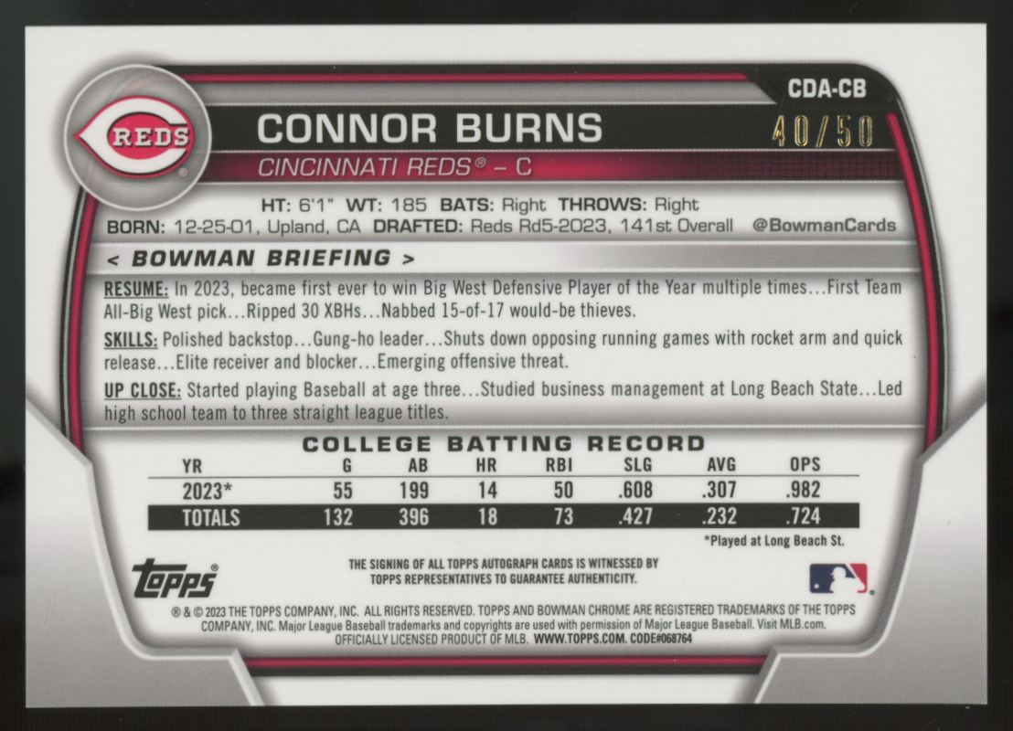 2023 Bowman Chrome Draft Connor Burns 1st Gold Shimmer Auto /50 #CDA-CB