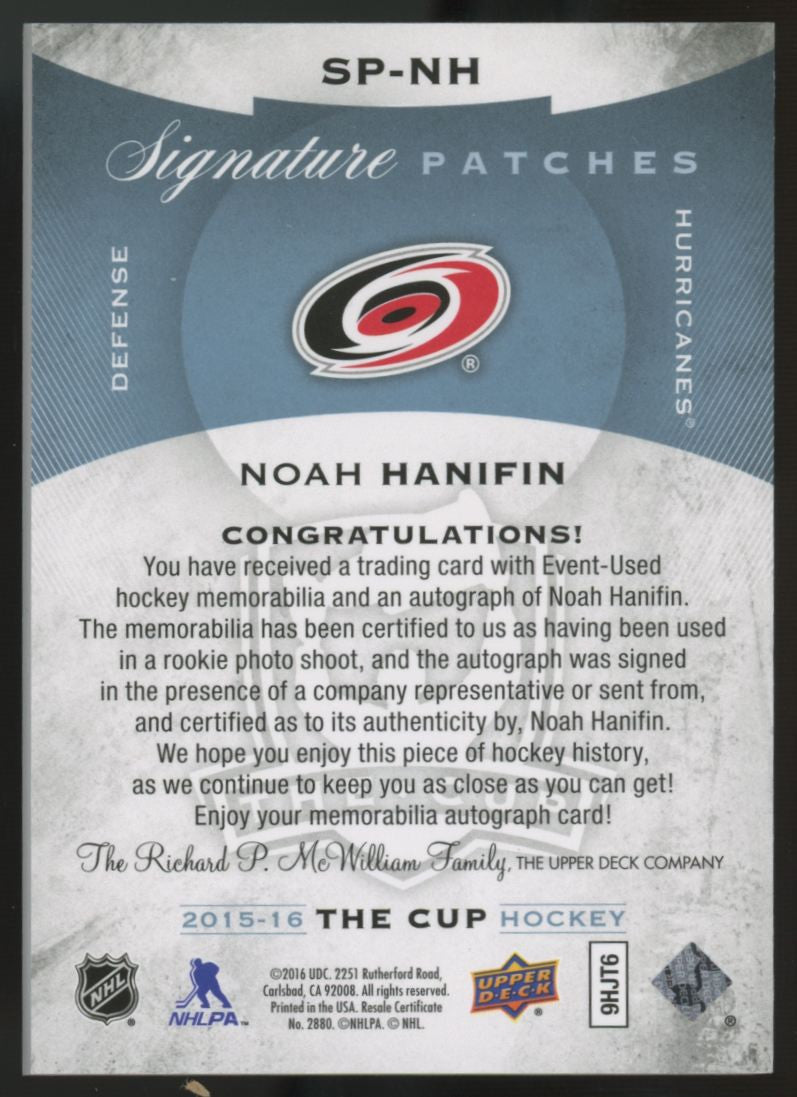 2015-16 Upper Deck The Cup Noah Hanifin Patch Auto /99 #SP-NH