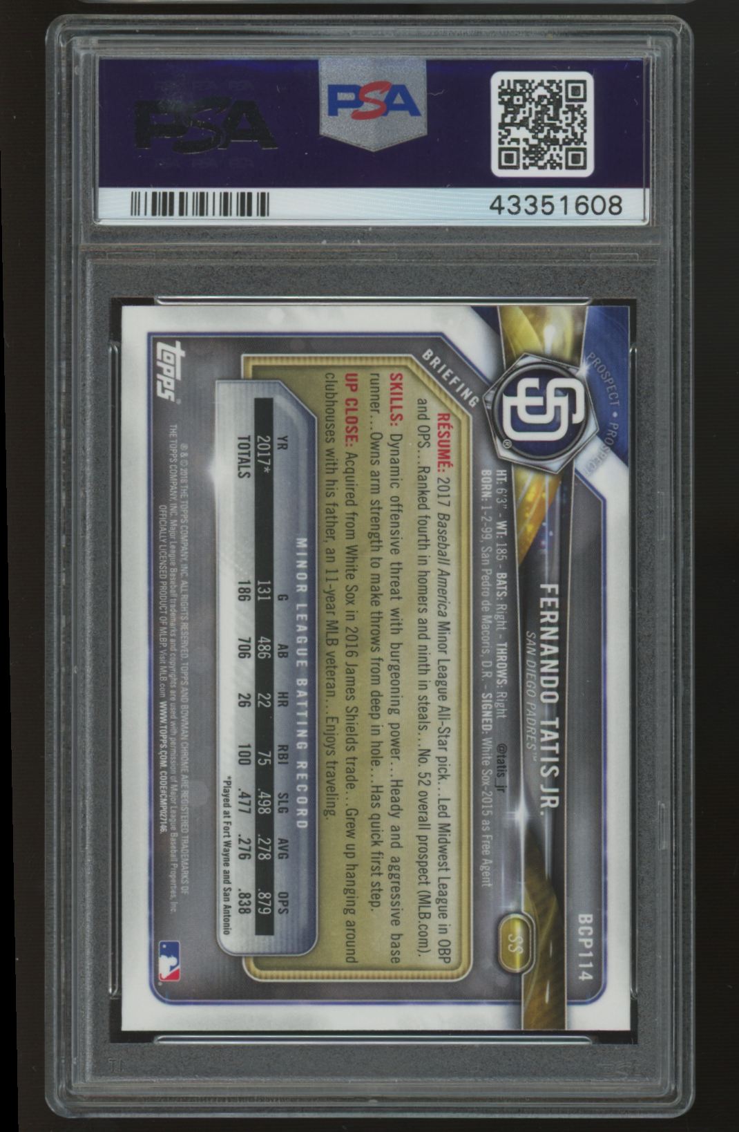 2018 Bowman Chrome Fernando Tatis Jr. Chrome Prospects #114 PSA 10 *608