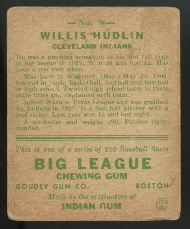 1933 Goudey Willis Hudlin #96 Poor