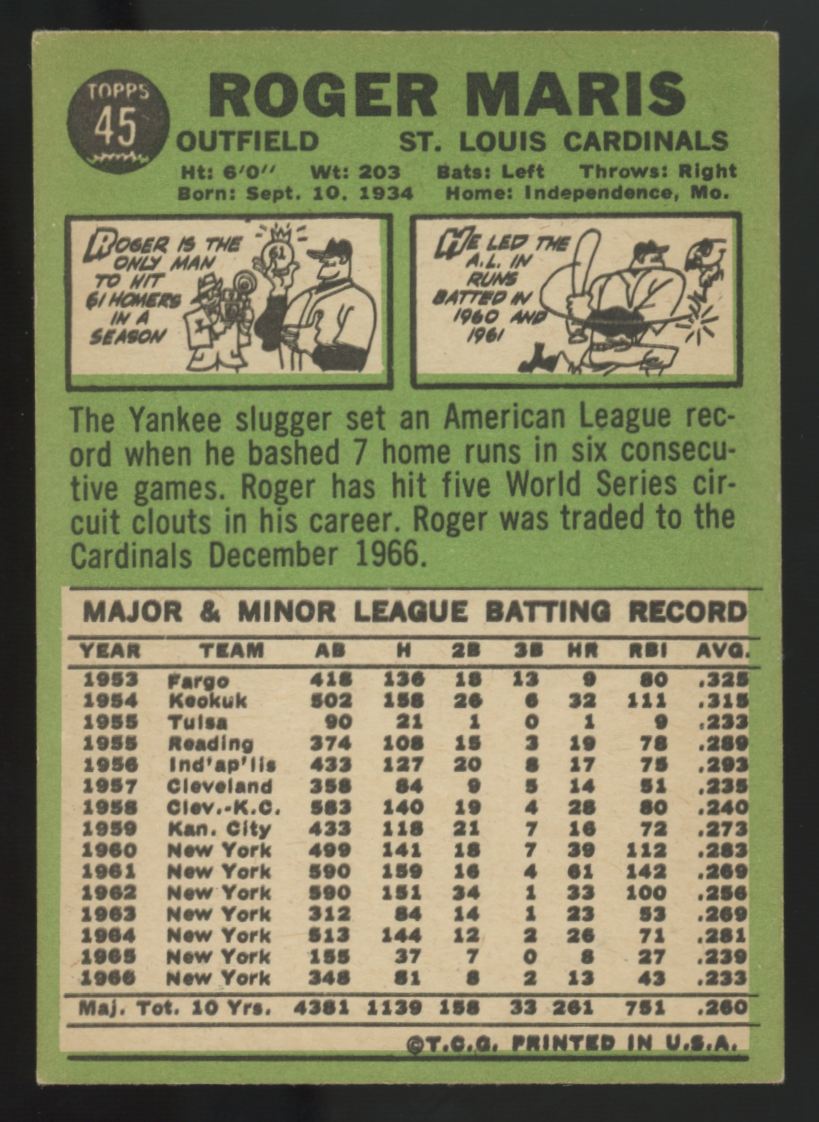 1967 Topps Roger Maris Printing Error - Ghost #45 EX