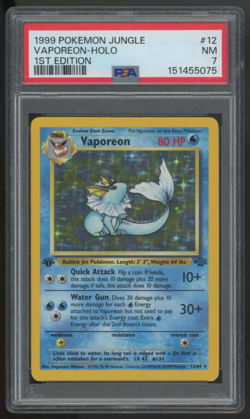 1999 Pokemon Vaporeon Jungle 1st Edition Holo #12 PSA 7