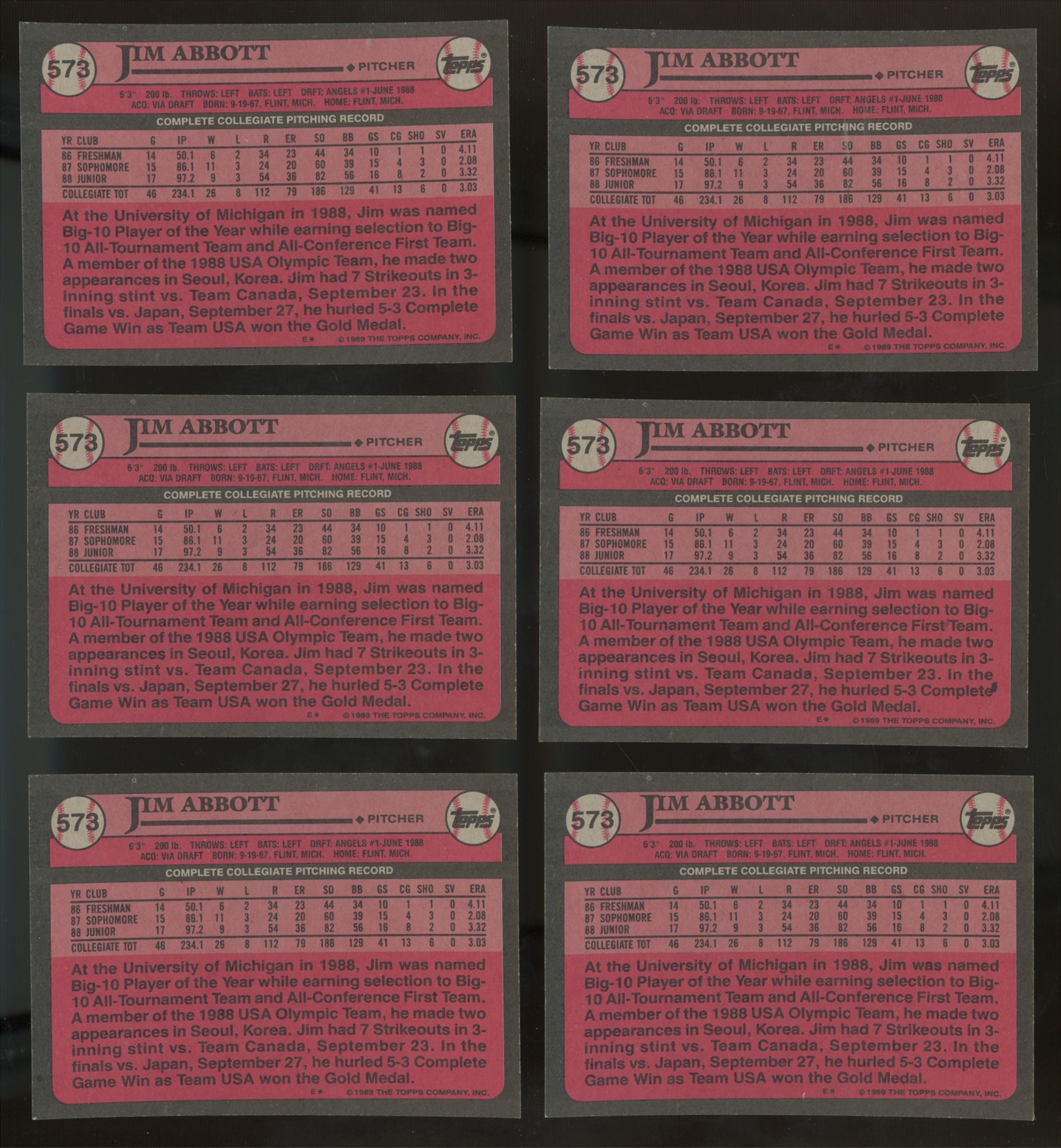 1989 Topps Jim Abbott RC #1 Draft Pick #573 (Lot Of 50) "A"