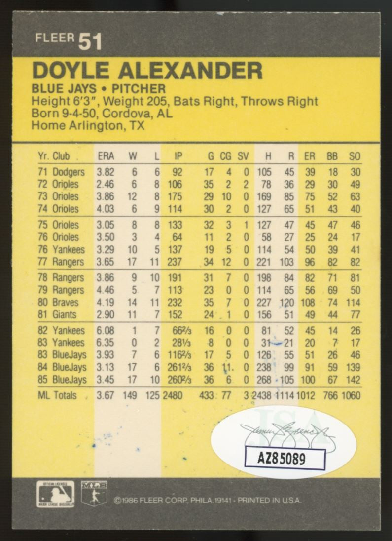 1986 Fleer Doyle Alexander #51 Signed Auto JSA