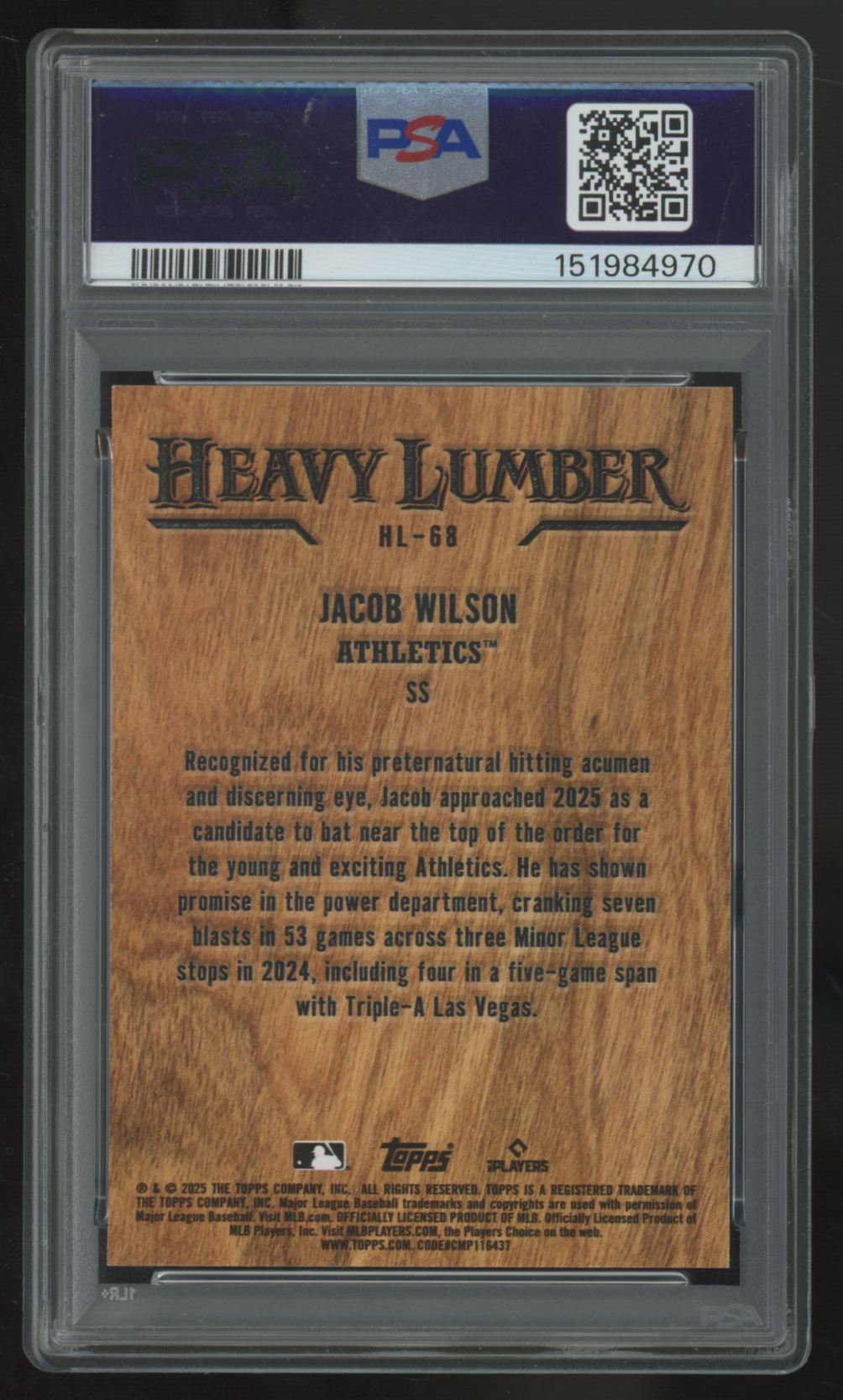 2025 Topps Update Jacob Wilson RC Heavy Lumber #HL-68 PSA 8