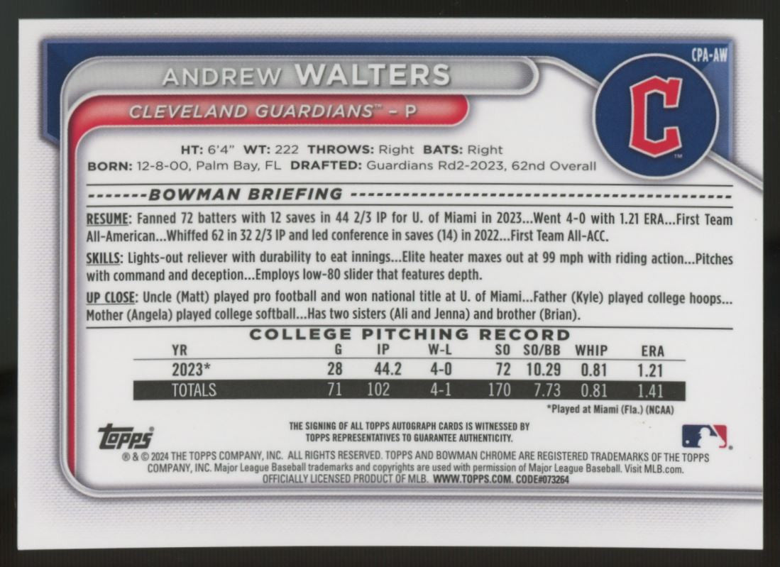 2024 Bowman Chrome Andrew Walters Auto HTA Choice /150 #CPA-AW