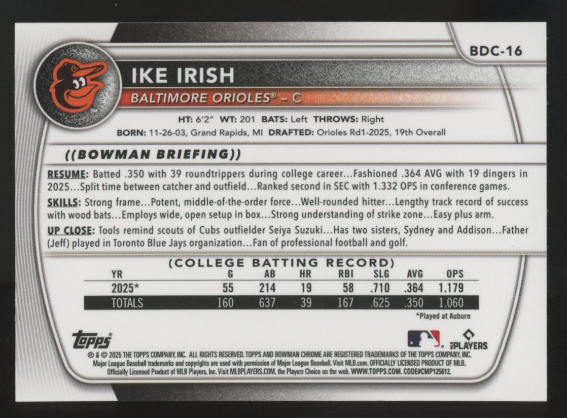 2025 Bowman Draft Ike Irish Chrome Prospect Yellow Geometric /75 #BDC-16