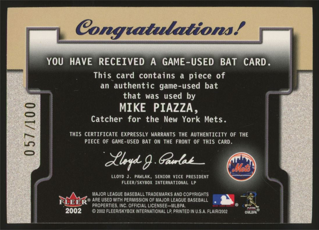 2002 Fleer Flair Mike Piazza Power Tools Game Used Bat Relic /100