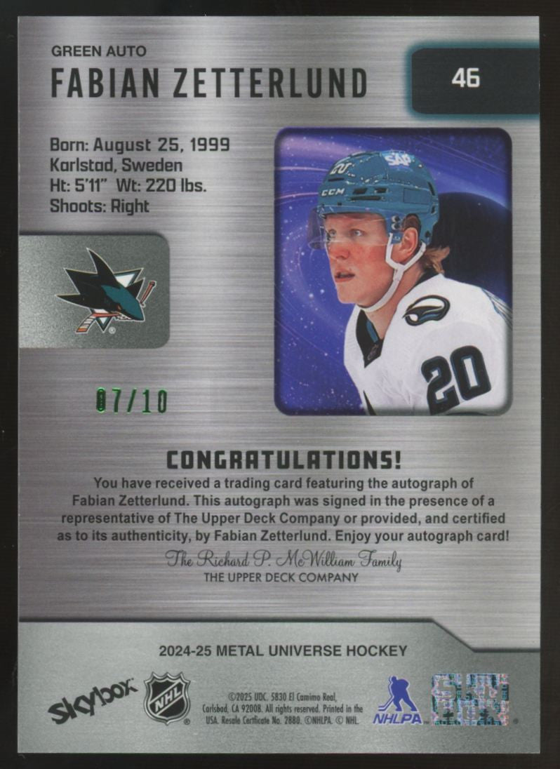 2024-25 Skybox Metal Universe Fabian Zetterlund Green Auto /10 #46