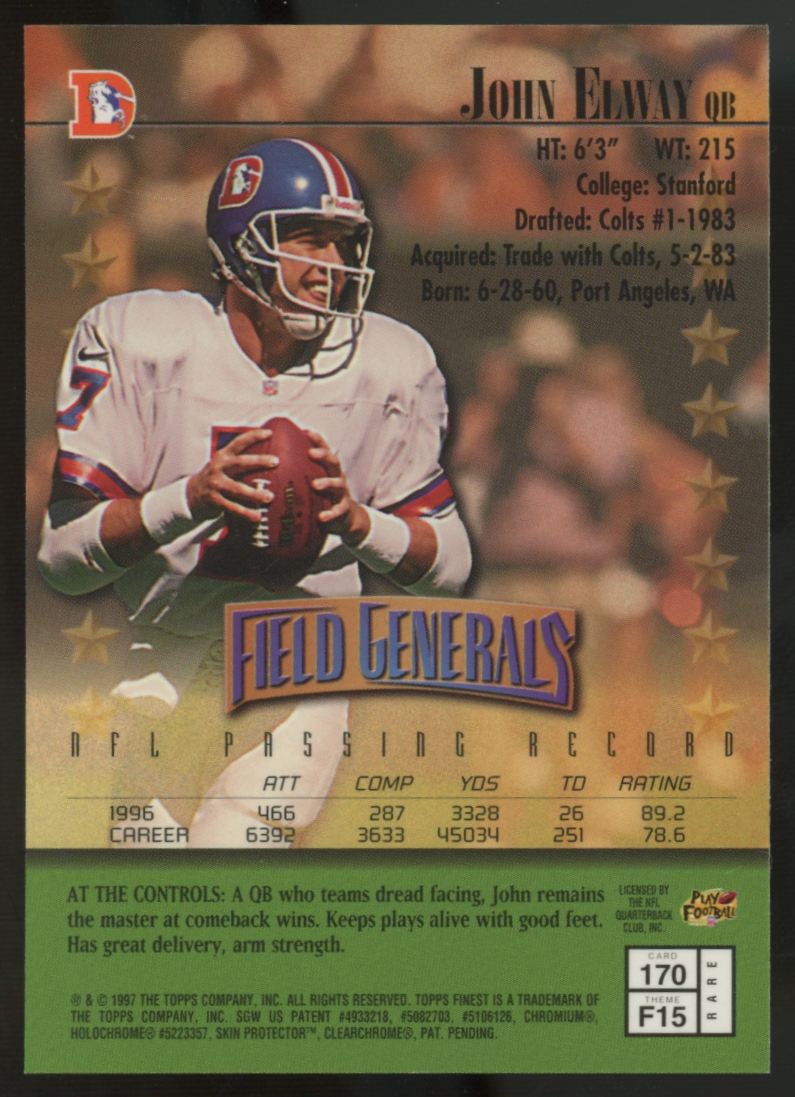 1997 Topps Finest John Elway Field Generals With Coating #170