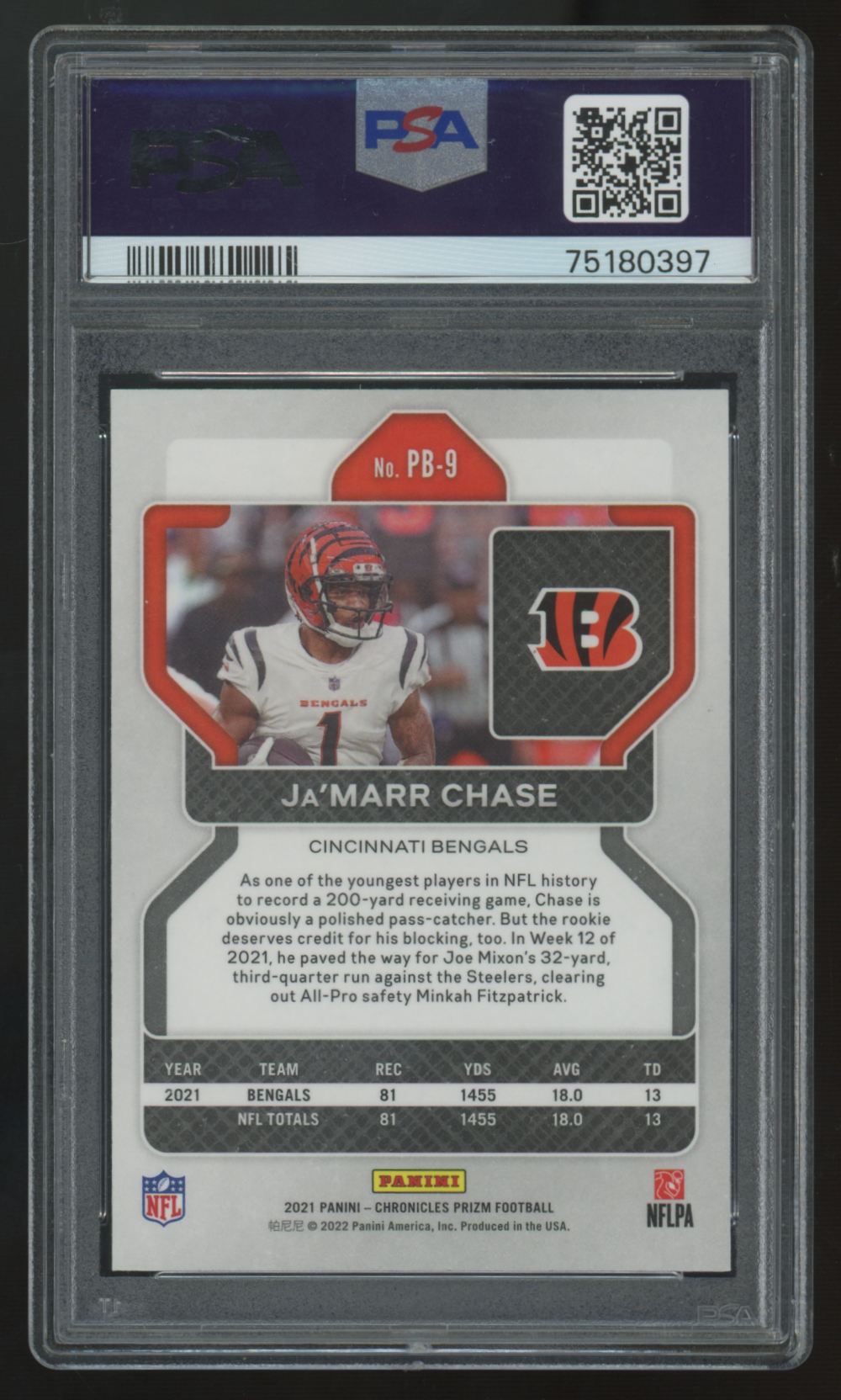 2021 Panini Chronicles Prizm Black Ja'Marr Chase RC #PB-9 PSA 9