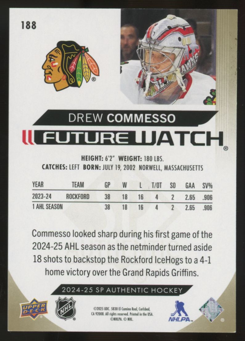 2024-25 Upper Deck SP Authentic Drew Commesso RC Limited Future Watch /99 #188