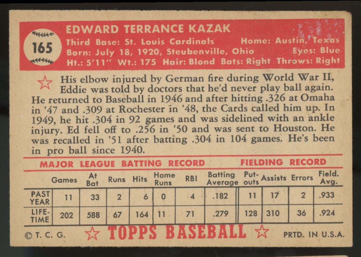 1952 Topps Eddie Kazak #165 VG/EX