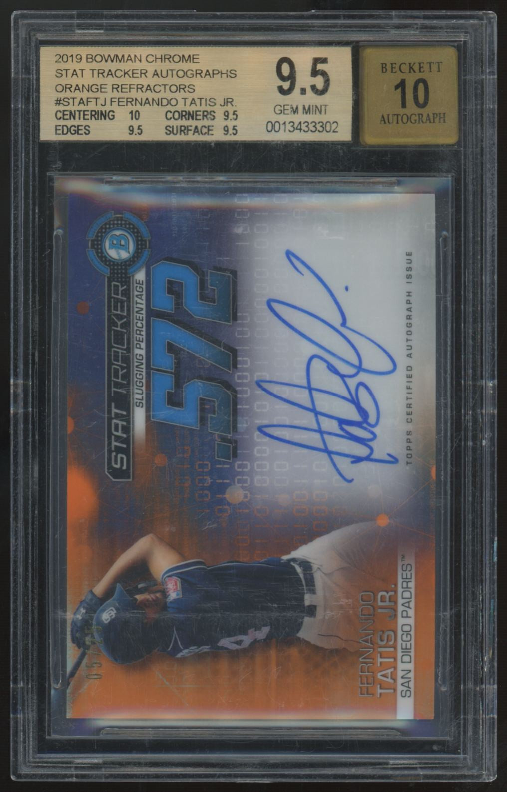 2019 Bowman Chrome Fernando Tatis Jr. Orange Stat Auto /25 #STA-FTJ BGS 9.5 10