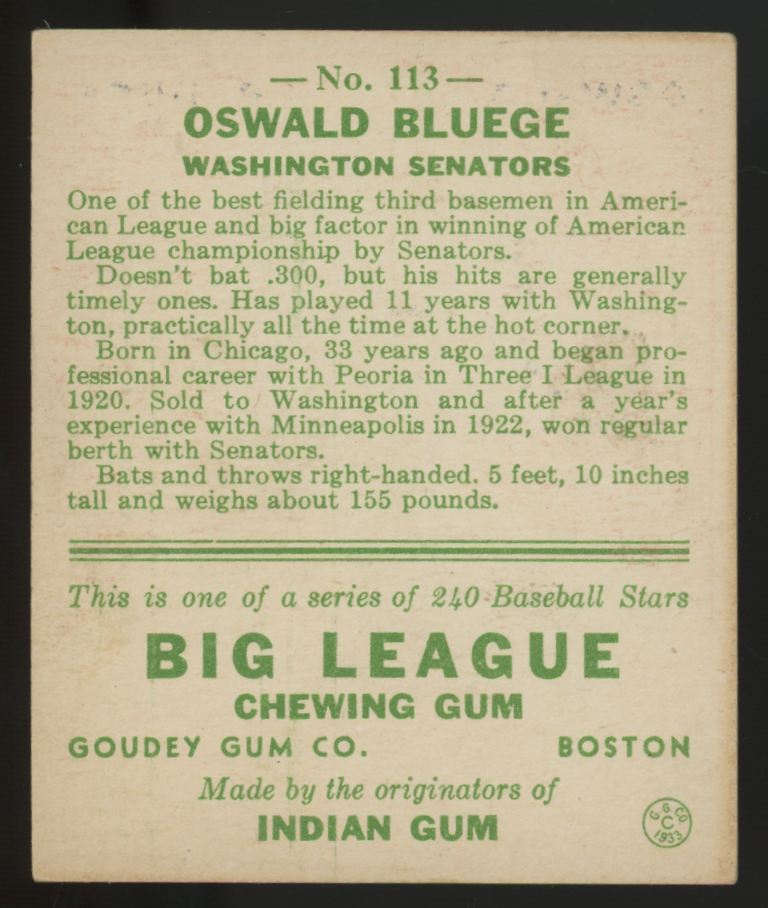 1933 Goudey Oswald Bluege #113 EX