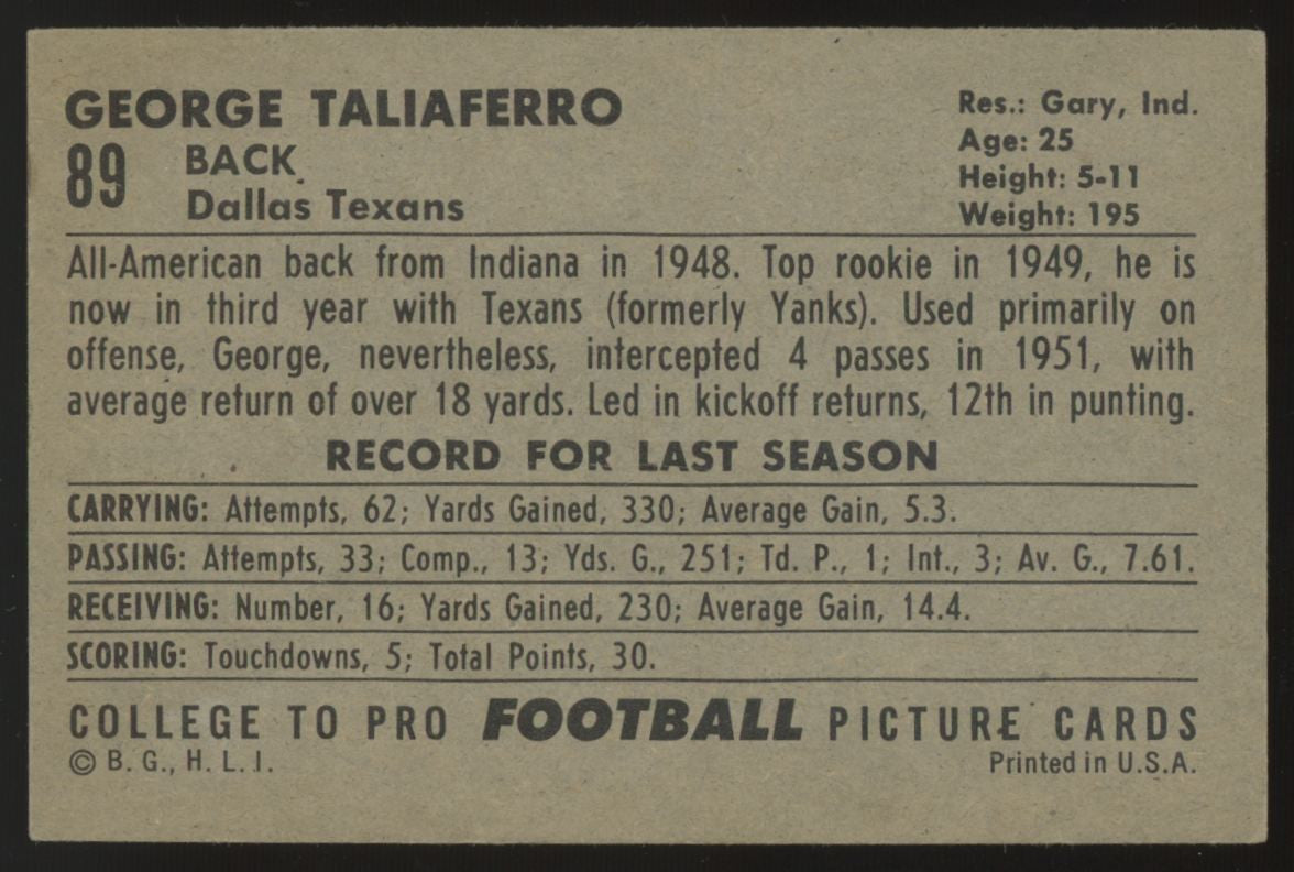 1952 Bowman Large George Taliaferro #89 VG/EX