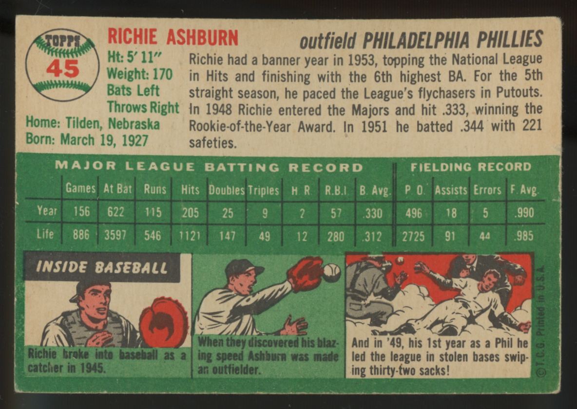 1954 Topps Richie Ashburn #45 VG "A"