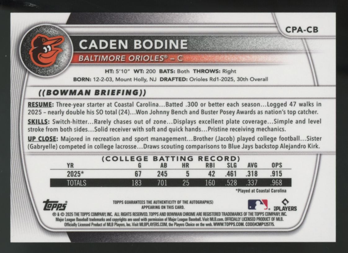 2025 Bowman Draft Caden Bodine 1st Chrome Purple Auto /299 #CPA-CB