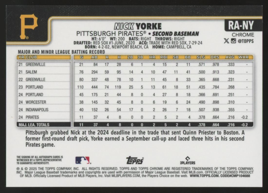 2025 Topps Chrome Nick Yorke RC Gold Wave Refractor Auto /50 #RA-NY