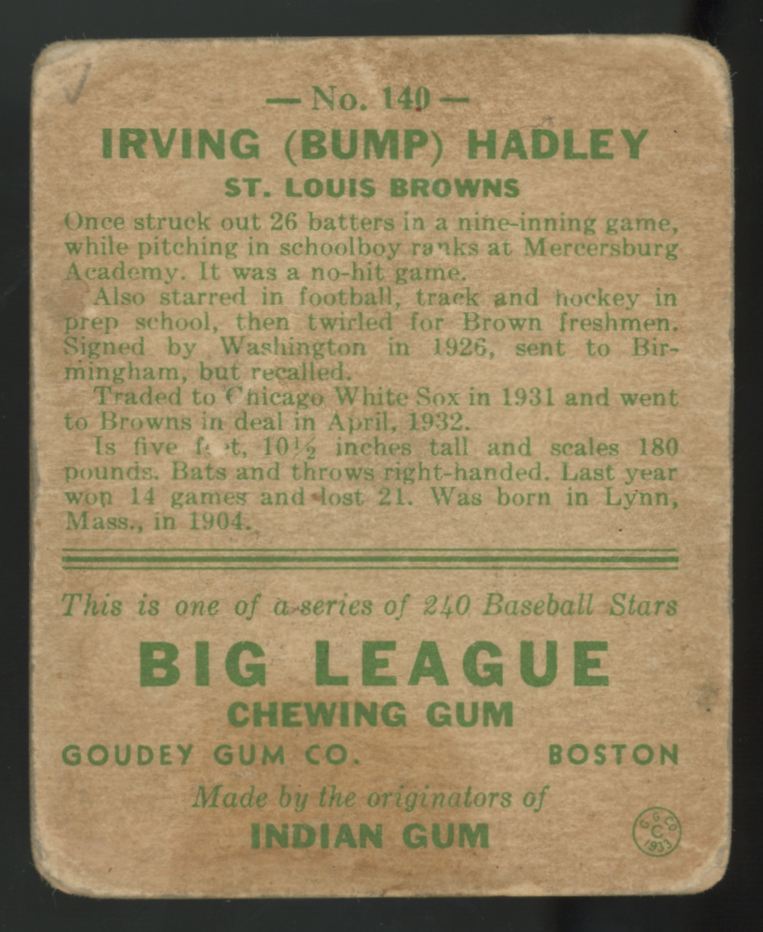 1933 Goudey Irving "Bump" Hadley Big League Gum #140 Poor