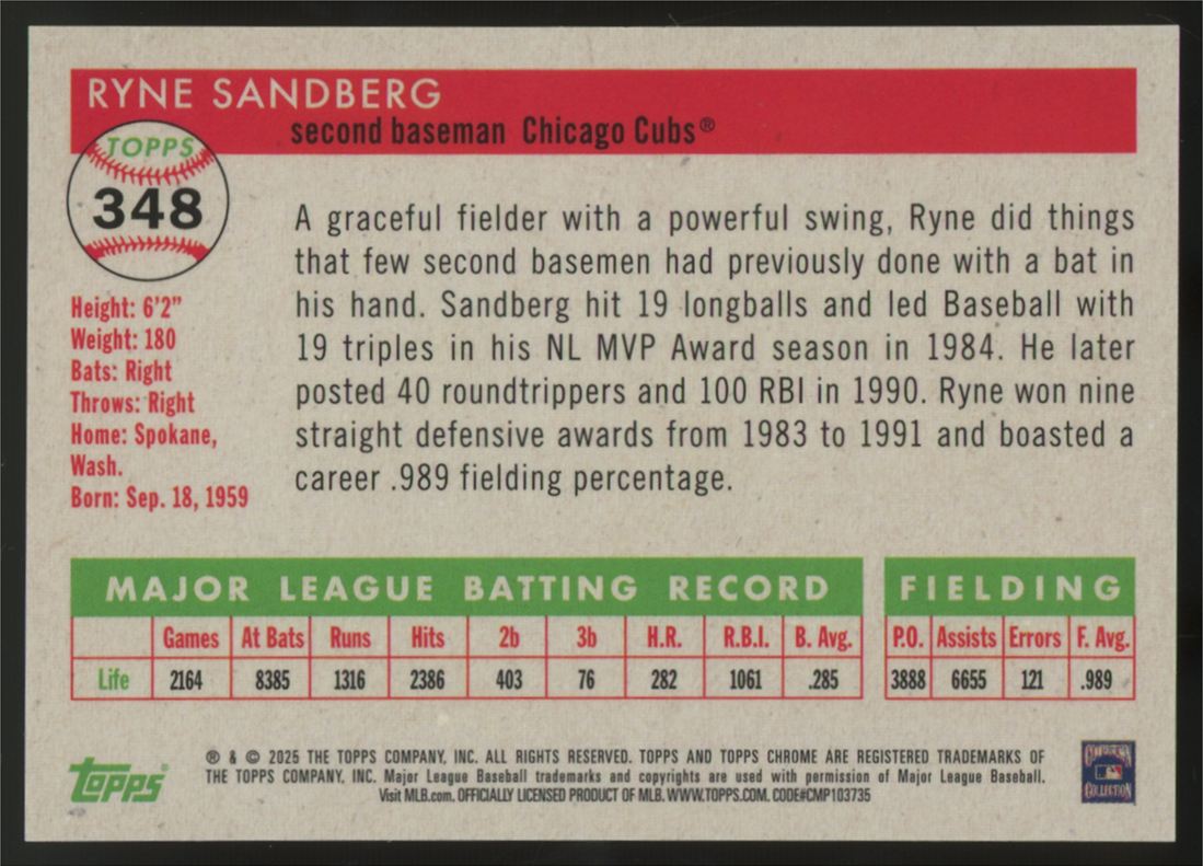 2025 Topps Chrome Platinum Anniversary Ryne Sandberg Red Vibrations Refractor /5