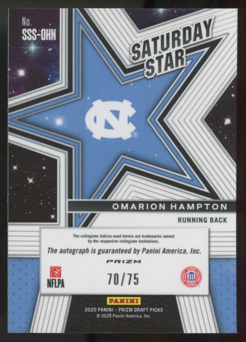 2025 Prizm Draft Picks Omarion Hampton RC Saturday Star Orange Pulsar Auto /75
