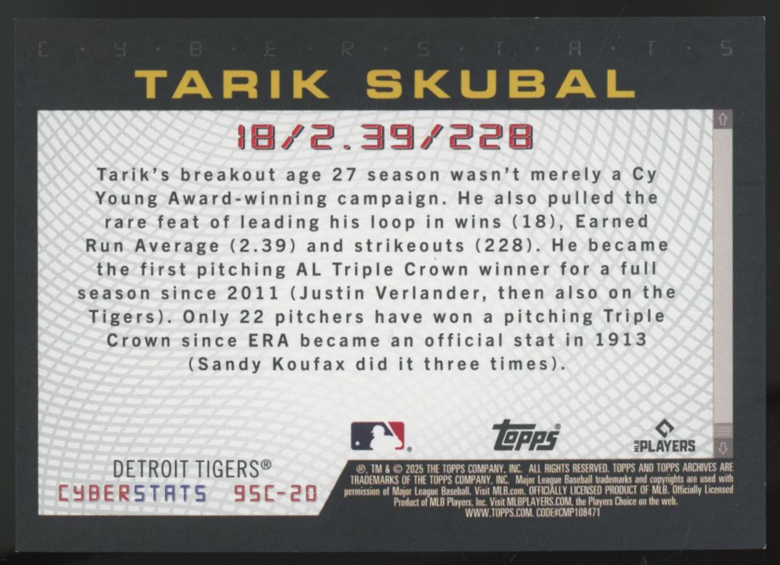 2025 Topps Archives Tarik Skubal 1995 Cyberstats /99 #95C-20