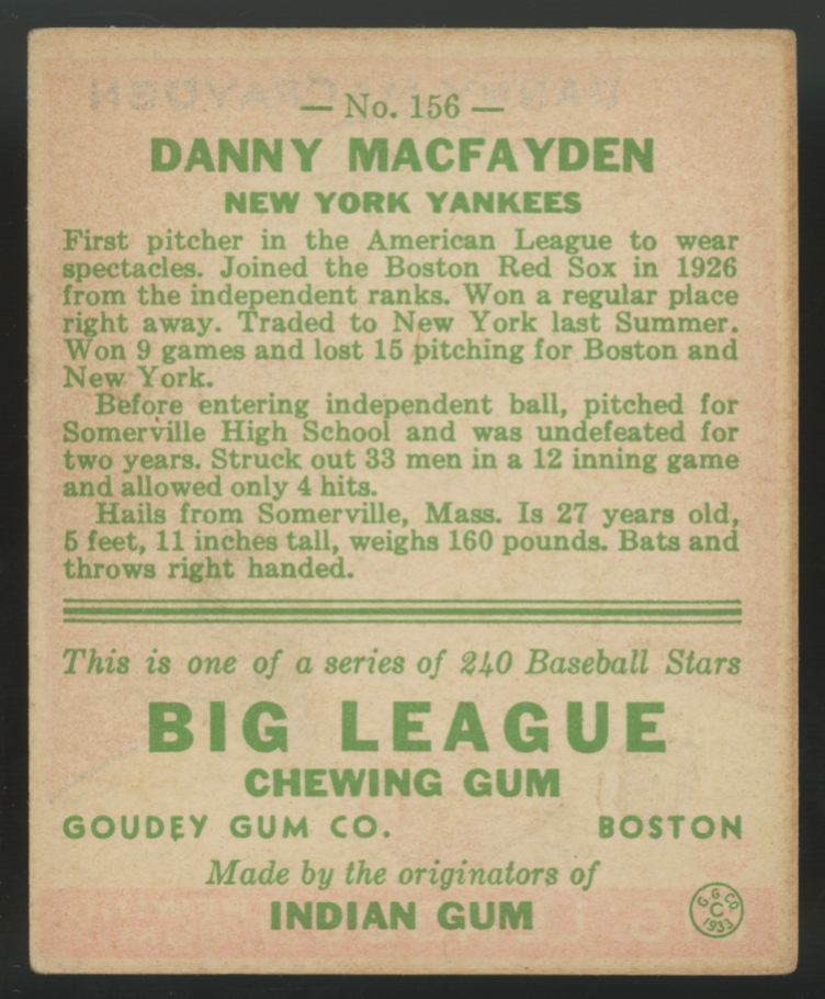 1933 Goudey Danny MacFayden #156 EX