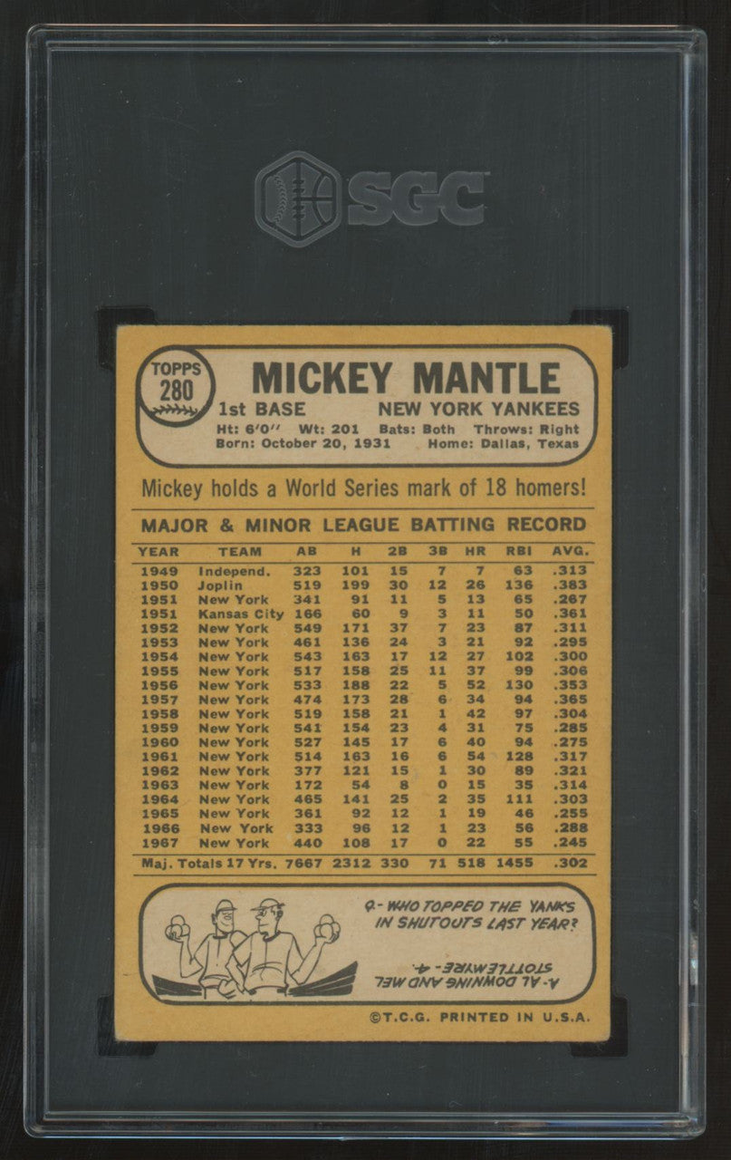 1968 Topps Mickey Mantle #280 SGC 4 *355