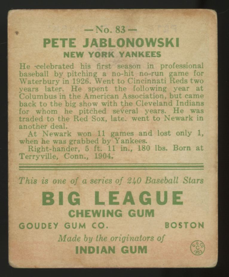 1933 Goudey Pete Jablonowski #83 VG