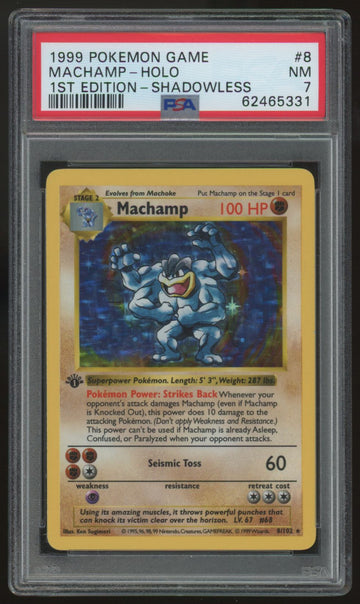 1999 Pokemon Machamp Base Set 1st Edition Shadowless Holo #8 PSA 7