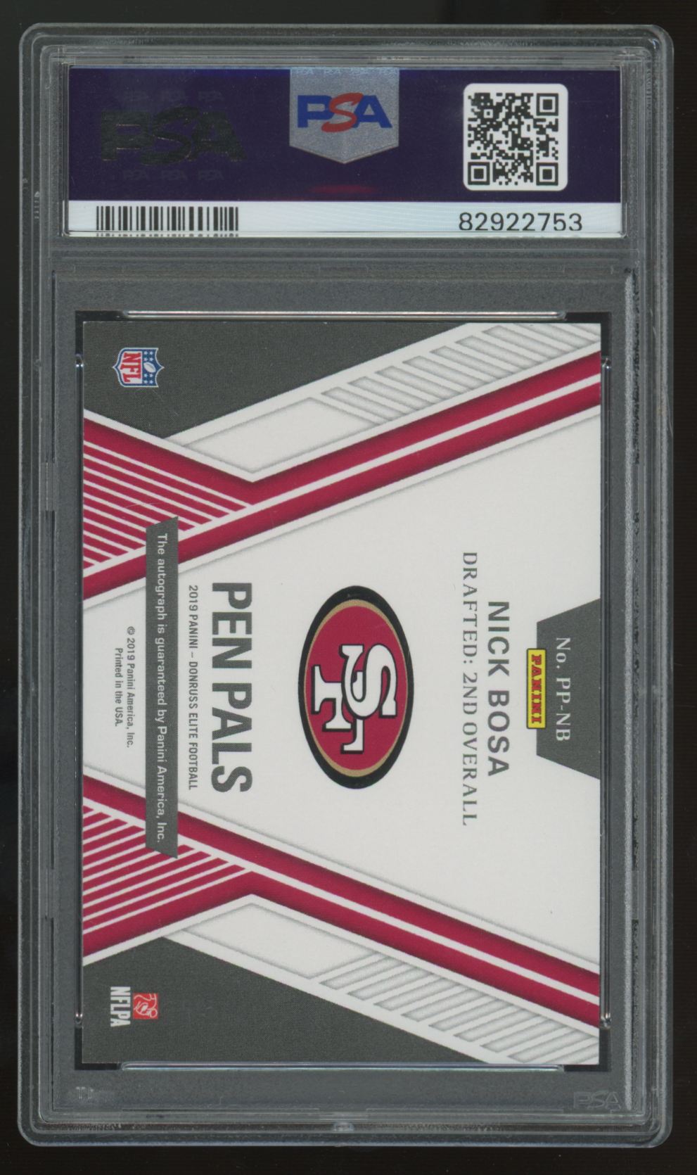 2019 Donruss Elite Nick Bosa RC Pen Pals Auto #PP-NB PSA 9
