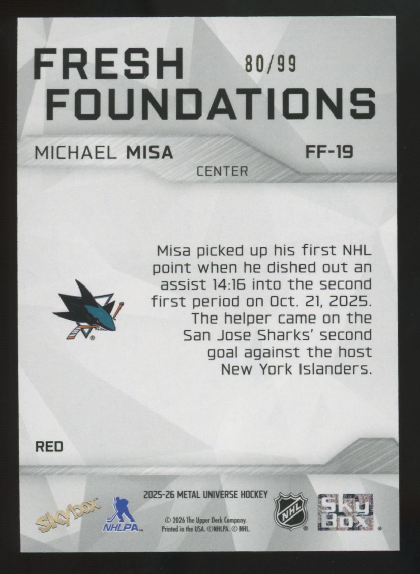 2025-26 Skybox Metal Universe Michael Misa RC Red Fresh Foundations /99 #FF-19