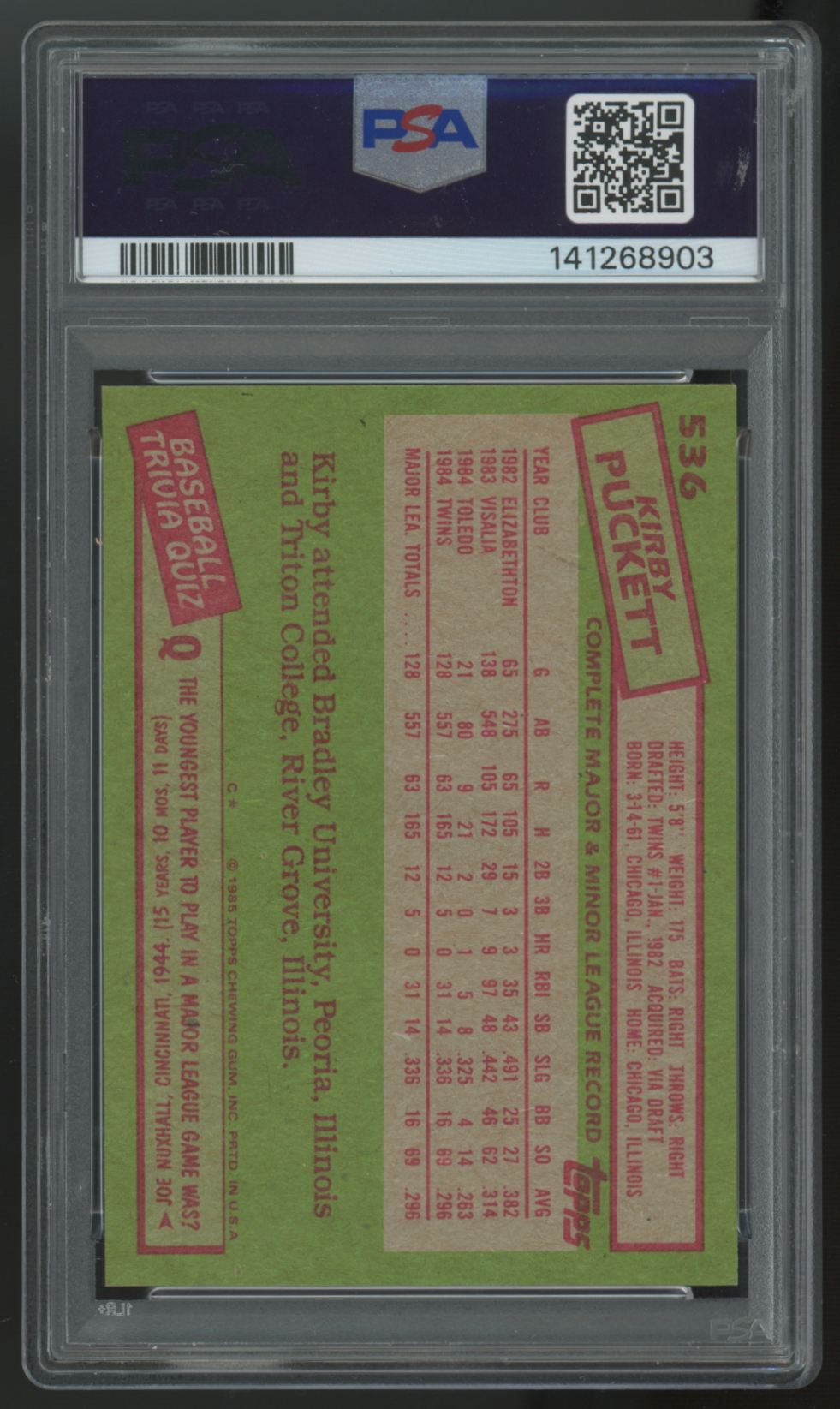 1985 Topps Kirby Puckett RC #536 PSA 8 *903