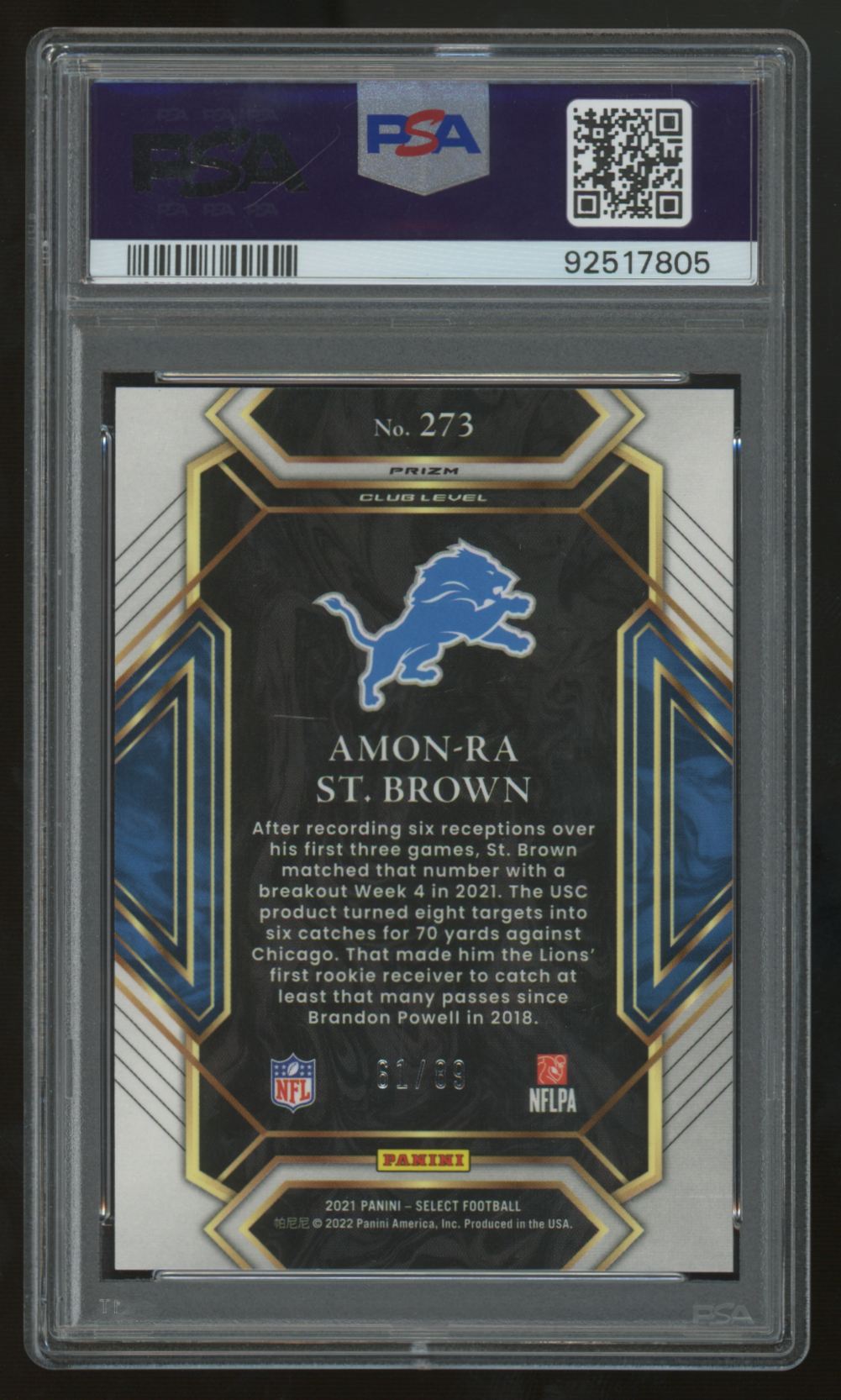2021 Select Amon-Ra St. Brown RC Dragon Scale Prizm /89 #273 PSA 9