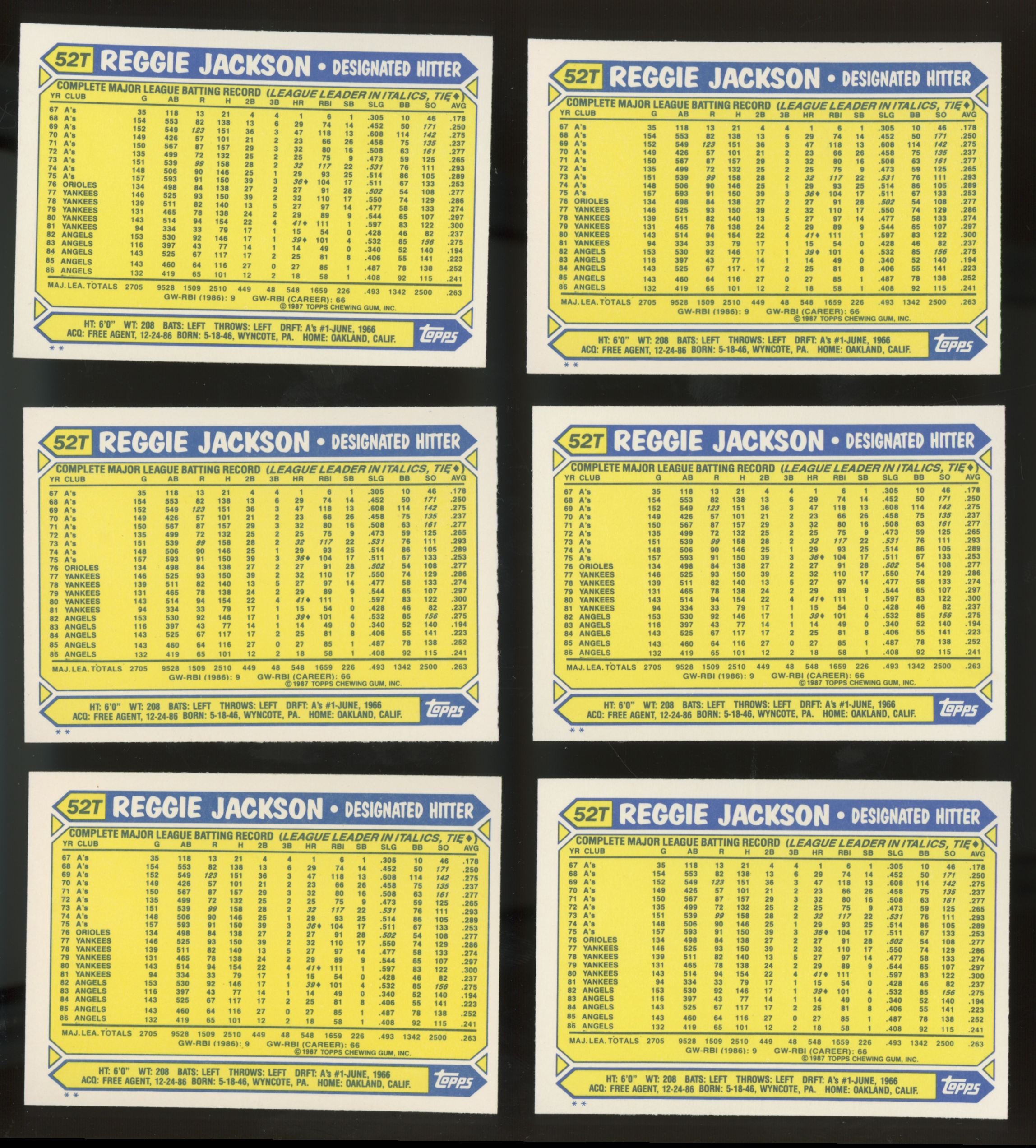 1987 Topps Traded Reggie Jackson #52T (Lot of 50)