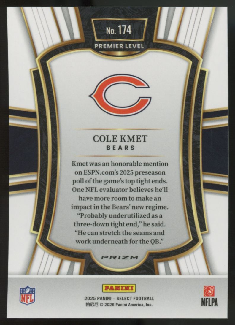 2025 Panini Select Cole Kmet Premier Level Zebra Shock SSP #174
