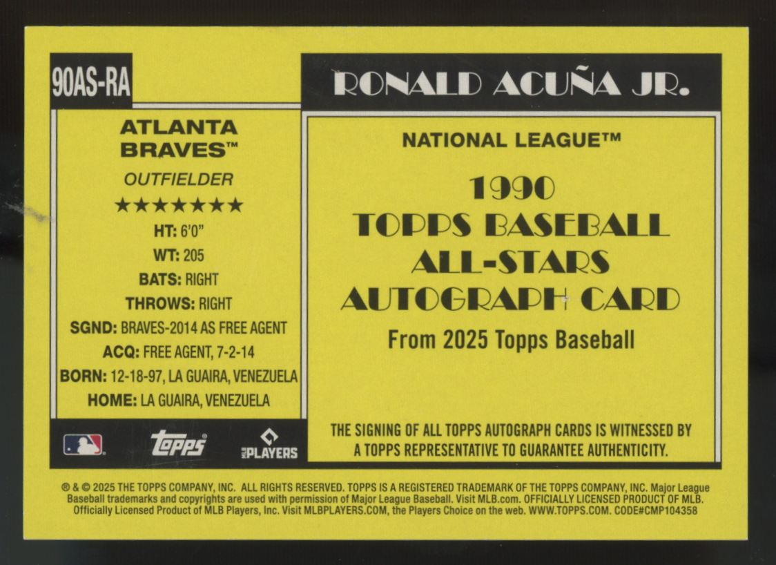 2025 Topps Series Two Ronald Acuna Jr. '90 All Star Gold Auto /50 #90AS-RA