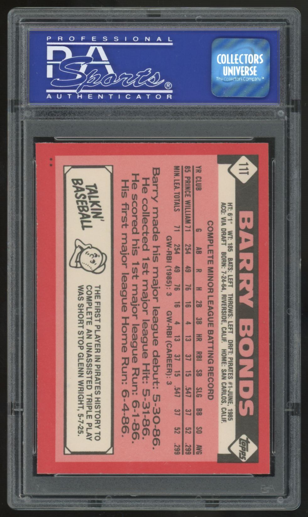 1986 Topps Traded Barry Bonds RC #11T PSA 9 *729